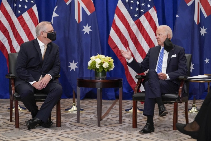 President Joe Biden meets with Australian Prime Minister Scott Morrison at the Intercontinental Barclay Hotel during the United Nations General Assembly, Tuesday, Sept. 21, 2021, in New York.(AP/PTI Photo)